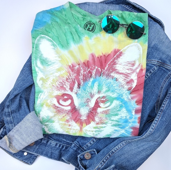 Unknown Tops - Tie Dye Graphic Cat Kitten Rainbow Short Sleeve T